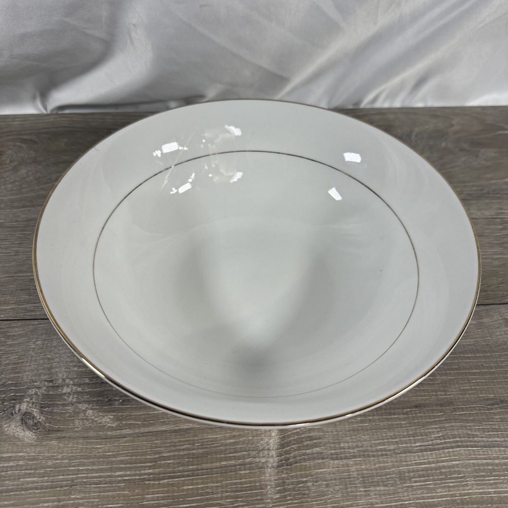 JC Penny Home Collection 9" Serving Bowl White Gold Rim Pattern